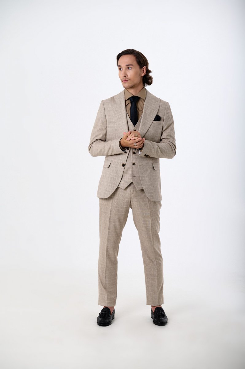 Men's three-piece suit with wool, beige checked