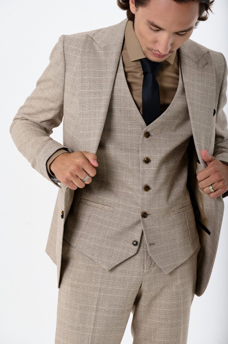 Men's three-piece suit with wool, beige checked