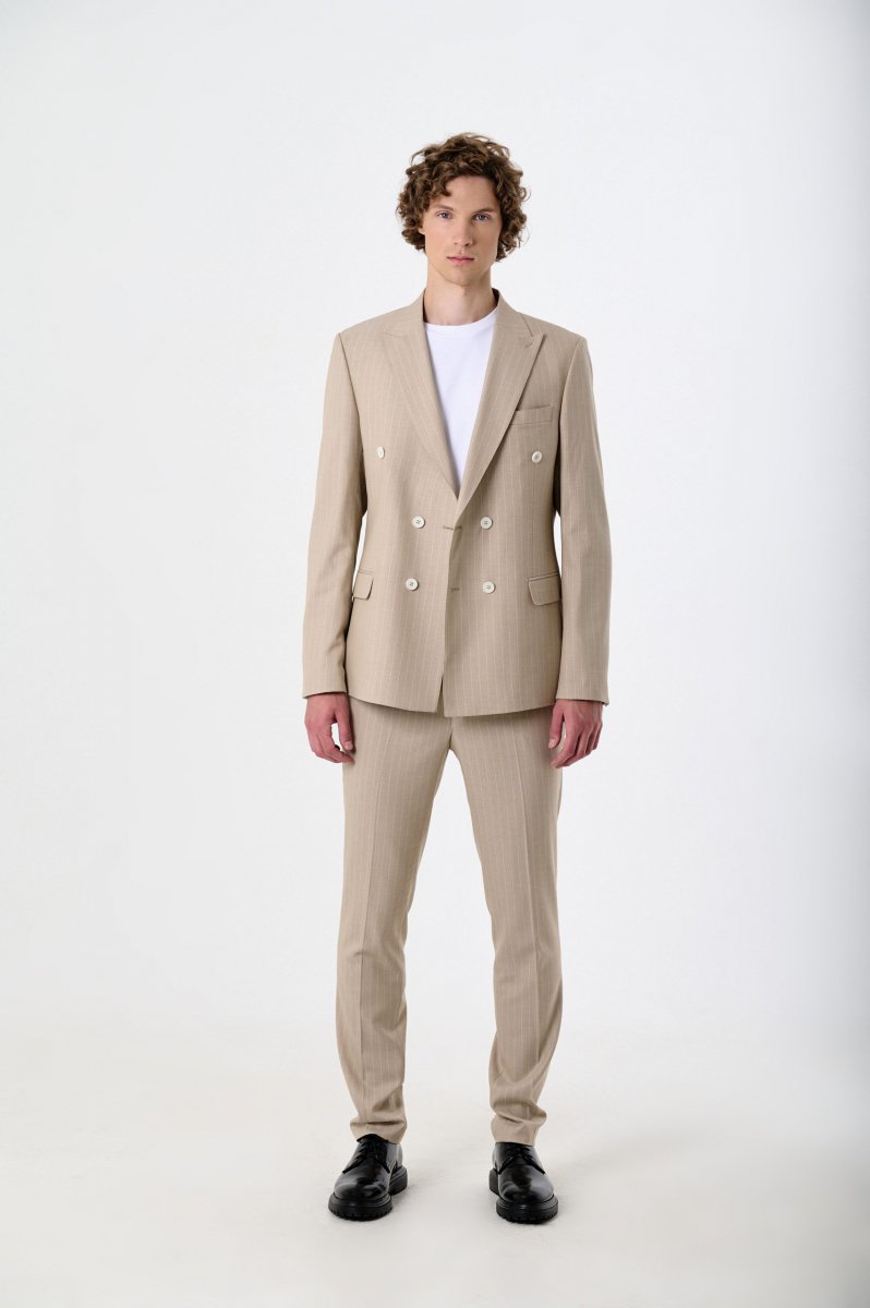 Men's double-breasted suit with wool beige striped