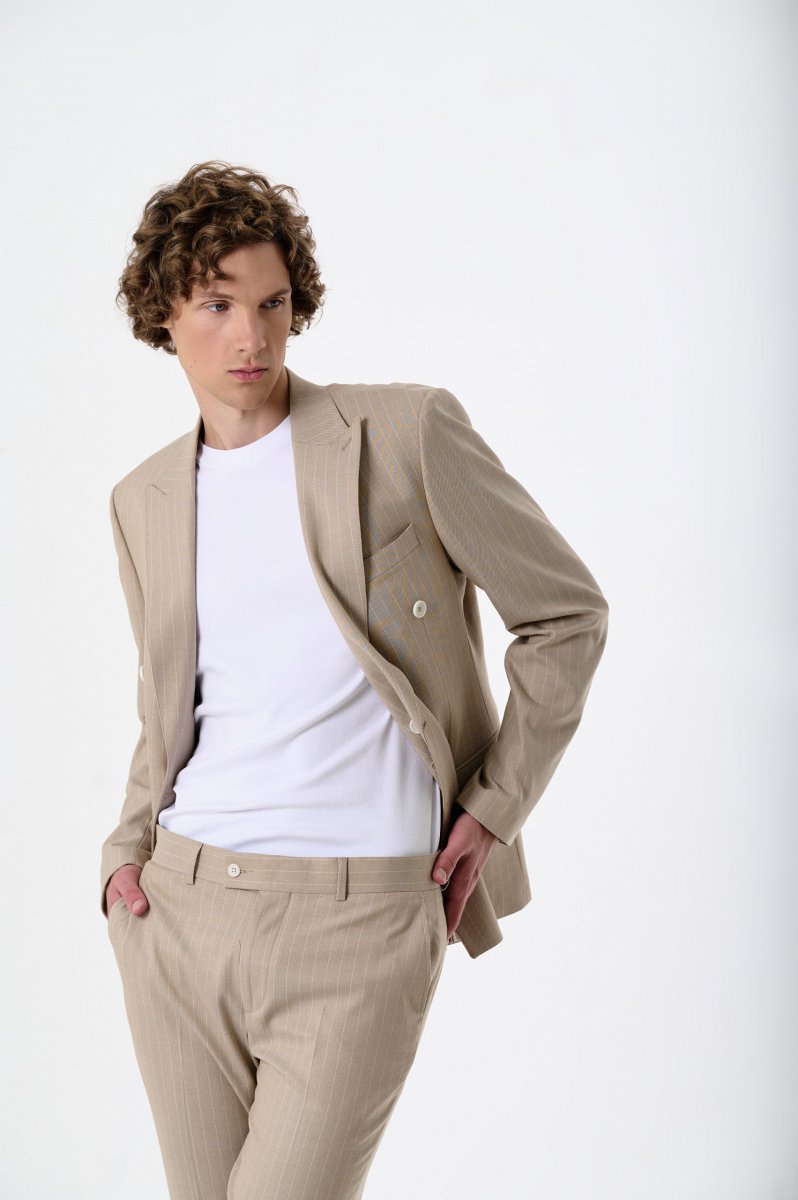 Men's double-breasted suit with wool beige striped