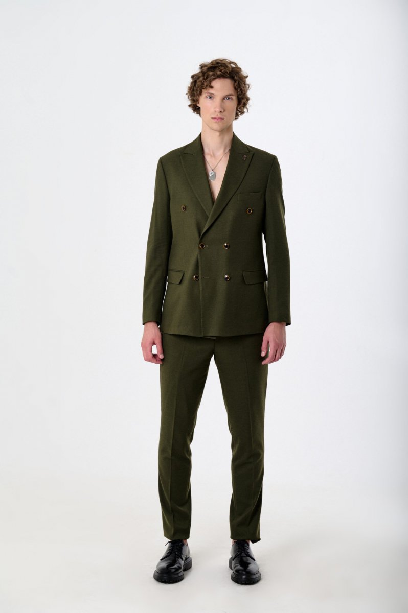 Men's double-breasted suit with wool olive
