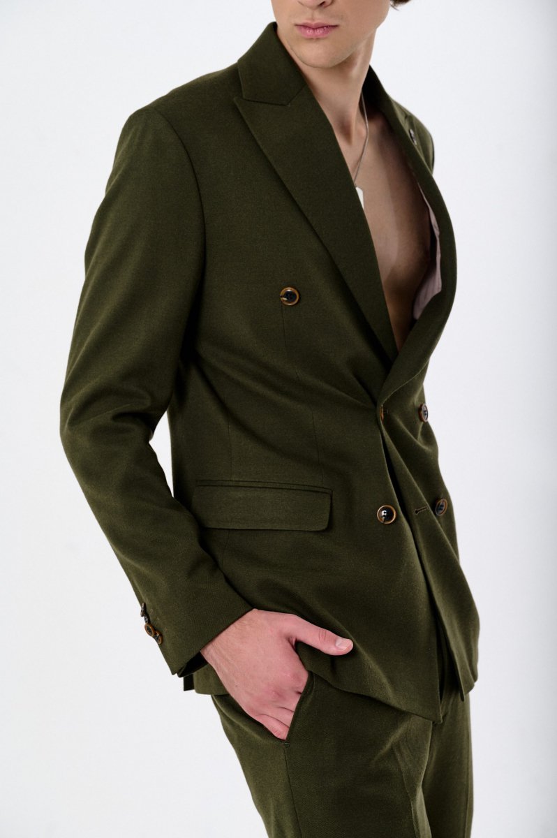 Men's double-breasted suit with wool olive