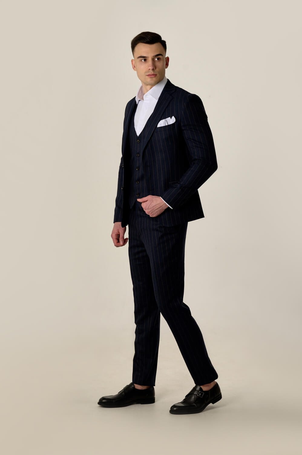 Men's three-piece suit with wool blue striped
