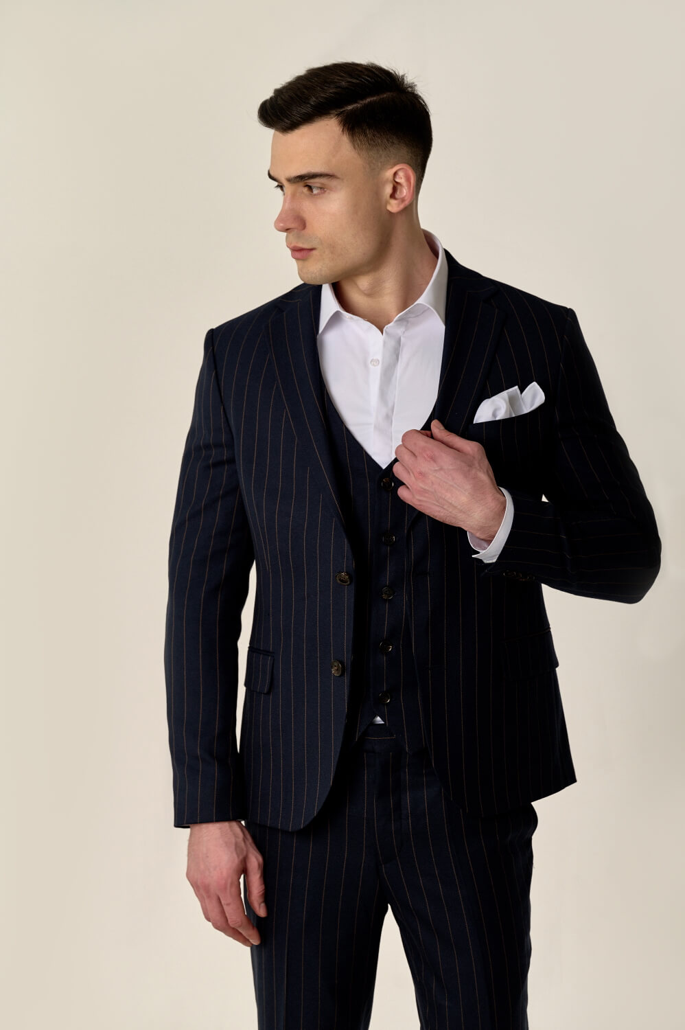Men's three-piece suit with wool blue striped