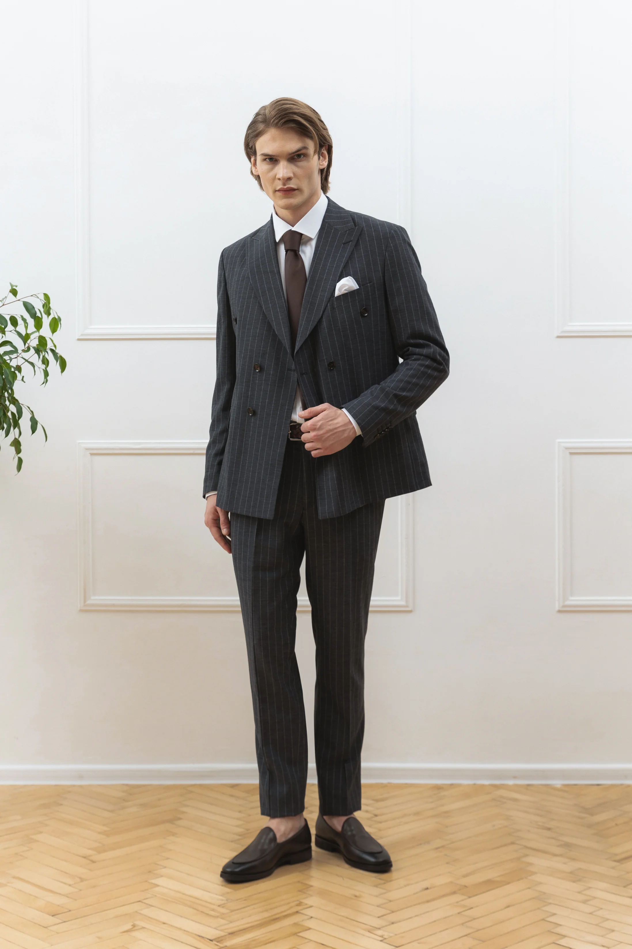 Men's double-breasted suit with wool gray striped